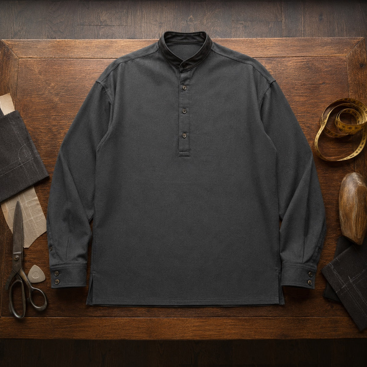 Percival grandad-collar tailored shirt — Tailored Shirts by CROWN TAILORING. flat lay, front.