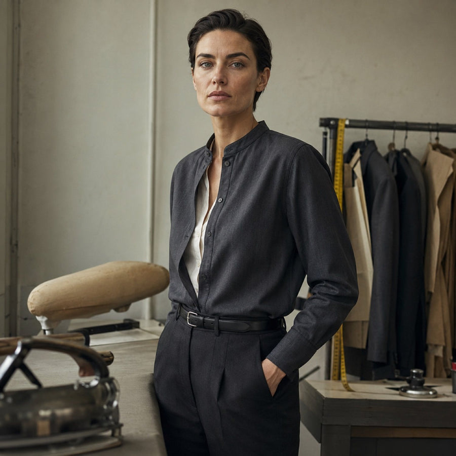 Percival grandad-collar tailored shirt — Tailored Shirts by CROWN TAILORING. shown worn.