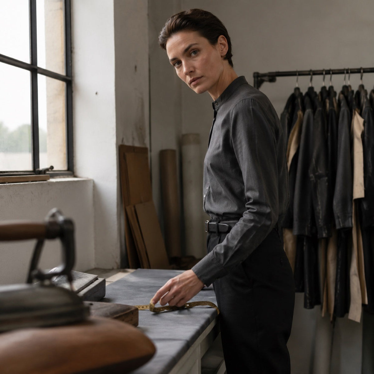 Percival grandad-collar tailored shirt — Tailored Shirts by CROWN TAILORING. shown on the model from the side.