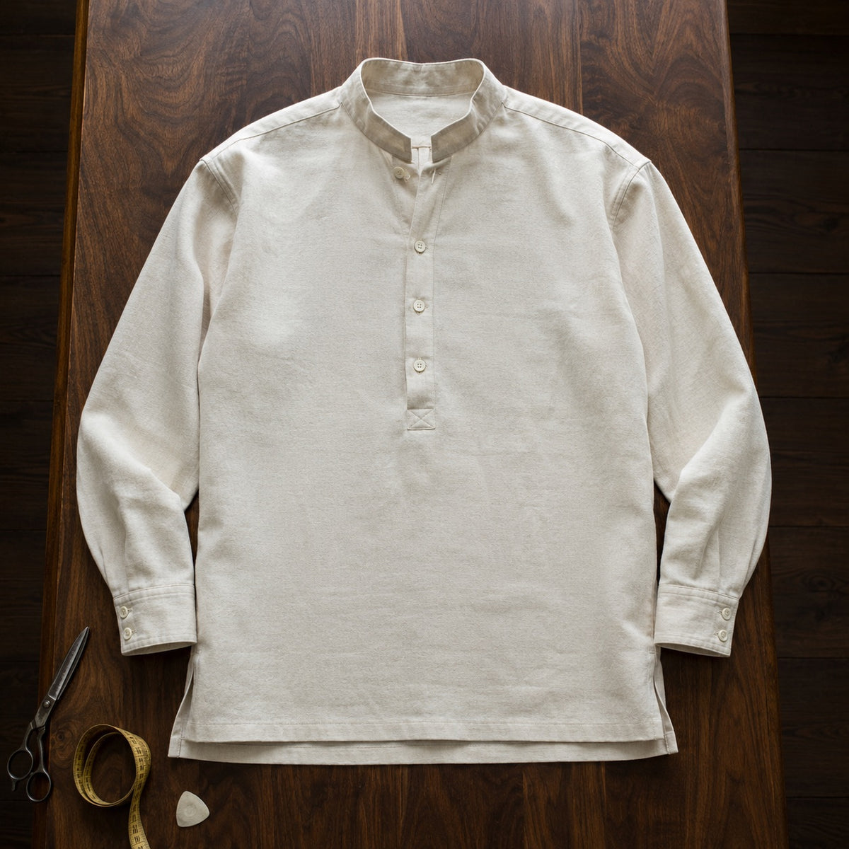 Guilford grandad-collar tailored shirt — Tailored Shirts by CROWN TAILORING. flat lay, front.