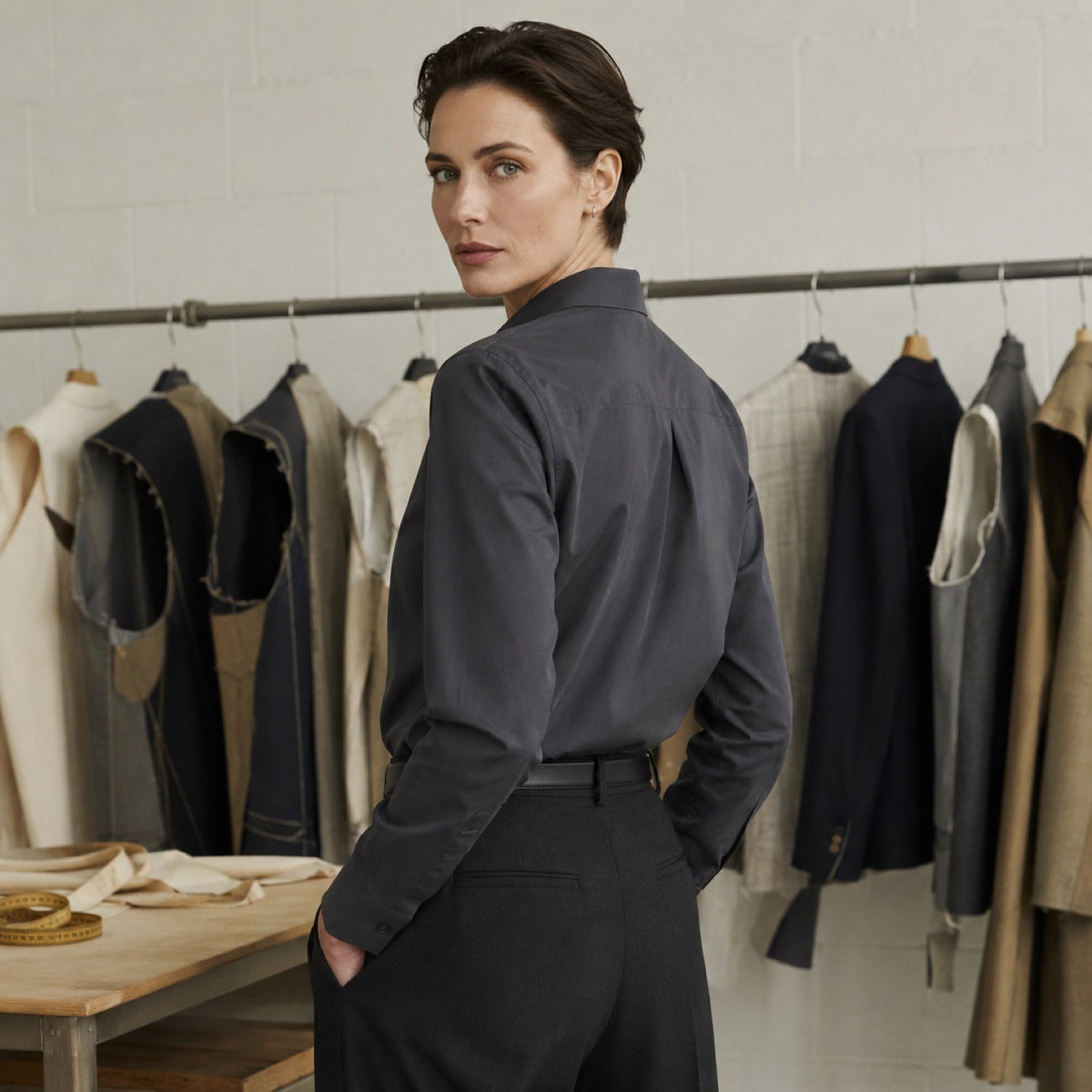 Severn classic-collar tailored shirt — Tailored Shirts by CROWN TAILORING. shown on the model from the side.