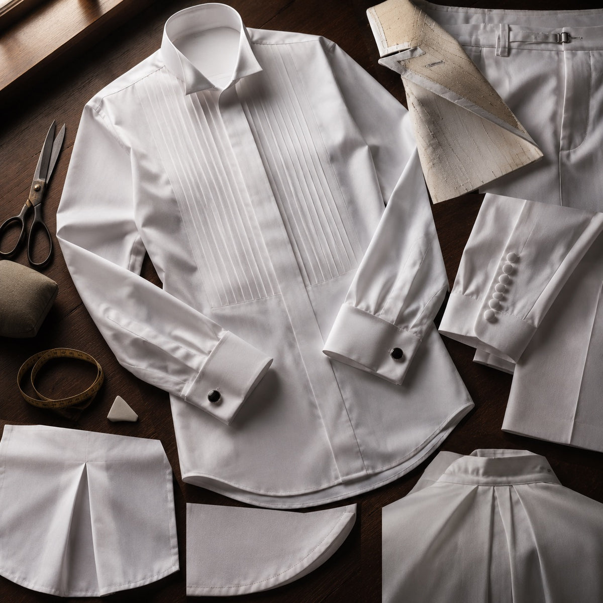 Percival pleated-bib evening shirt — Tailored Shirts by CROWN TAILORING. close detail of the fabric and finish.