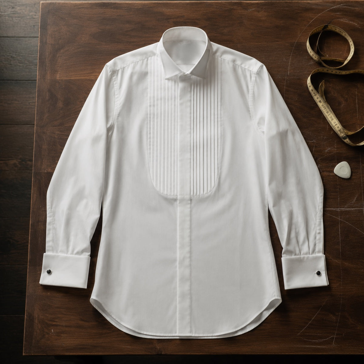 Percival pleated-bib evening shirt — Tailored Shirts by CROWN TAILORING. flat lay, front.