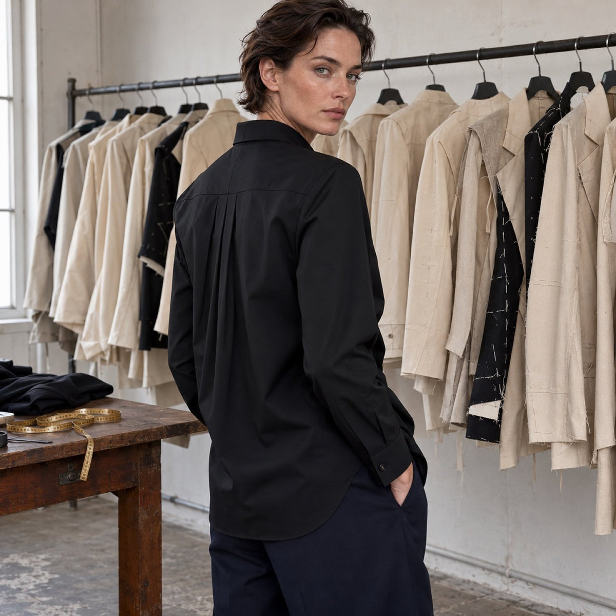 Percival pleated-bib evening shirt — Tailored Shirts by CROWN TAILORING. shown on the model from the side.