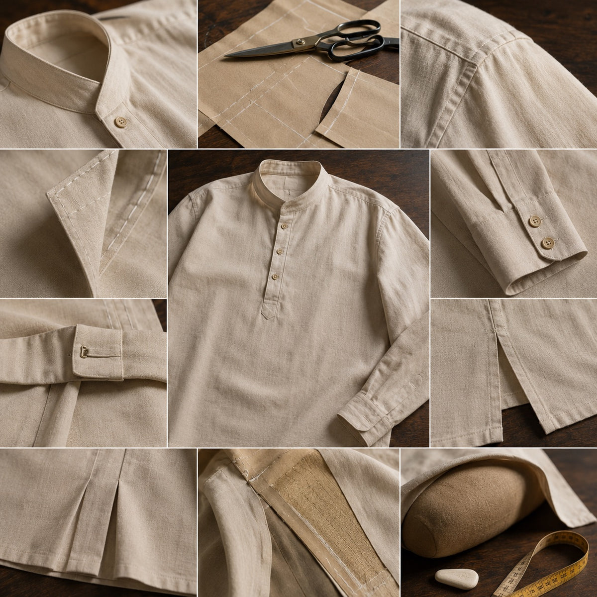 Dartmoor grandad-collar tailored shirt — Tailored Shirts by CROWN TAILORING. close detail of the fabric and finish.