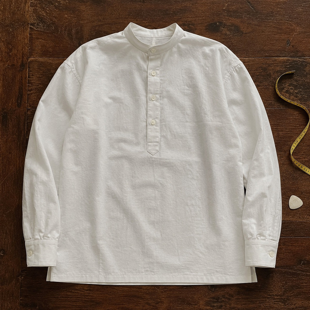 Dartmoor grandad-collar tailored shirt — Tailored Shirts by CROWN TAILORING. flat lay, front.