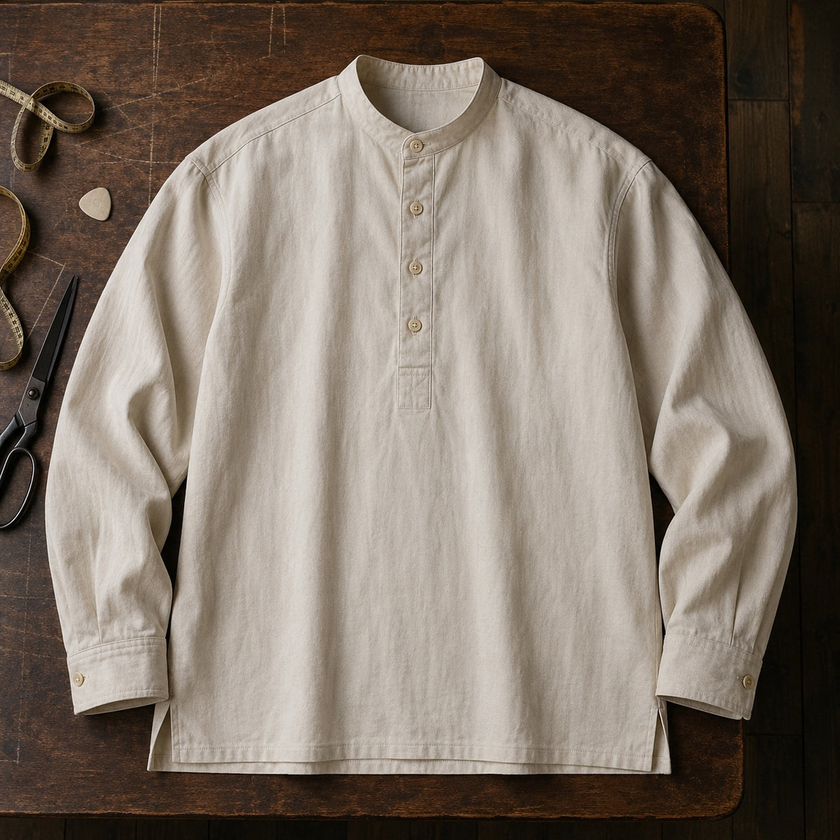 Cavendish grandad-collar tailored shirt — Tailored Shirts by CROWN TAILORING. flat lay, front.