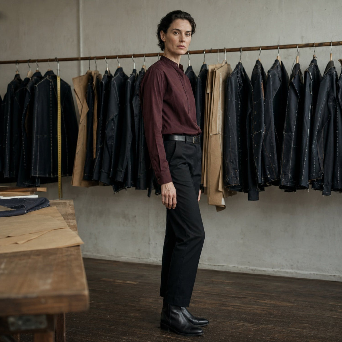 Cavendish grandad-collar tailored shirt — Tailored Shirts by CROWN TAILORING. shown on the model from the side.