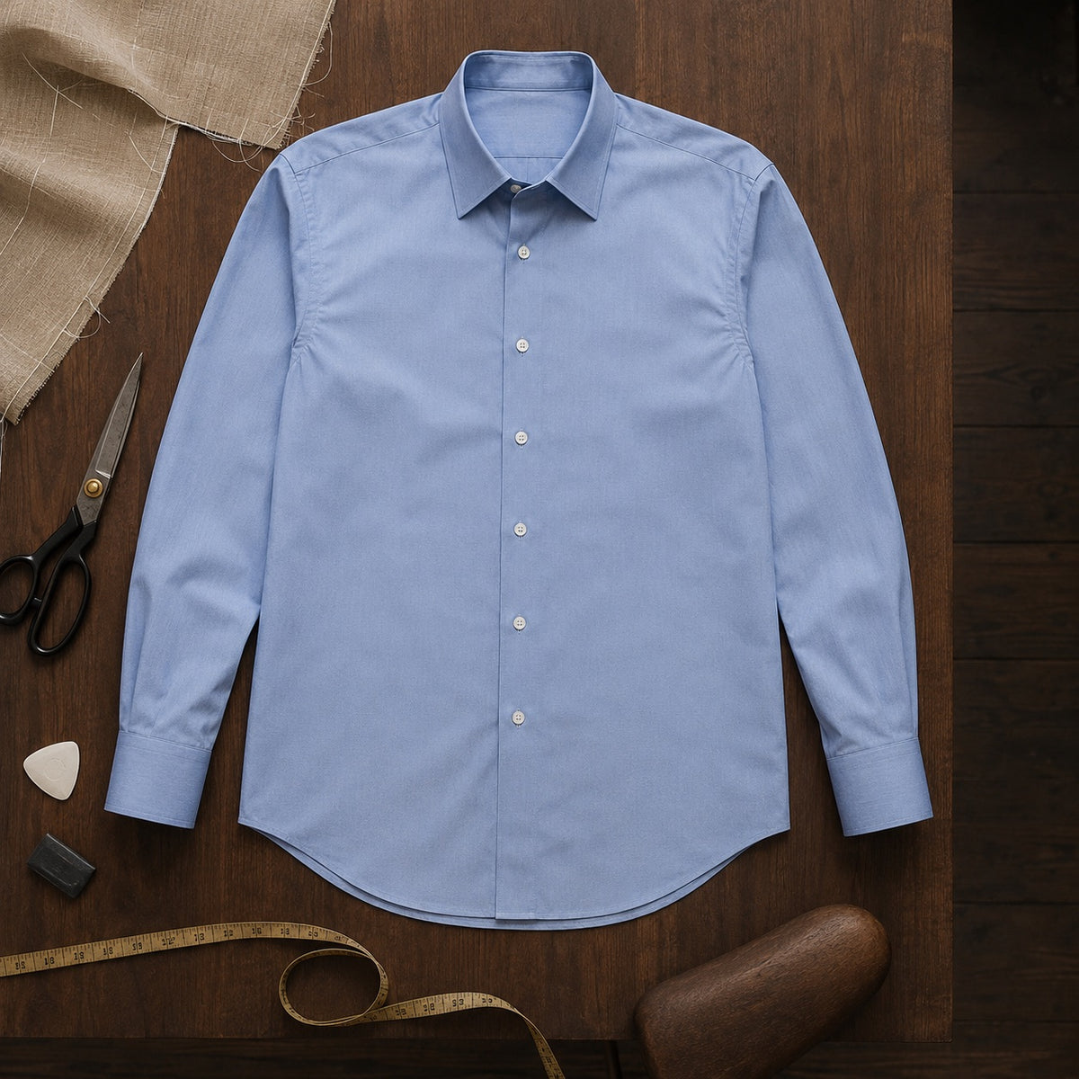 Fitzrovia classic-collar tailored shirt — Tailored Shirts by CROWN TAILORING. flat lay, front.