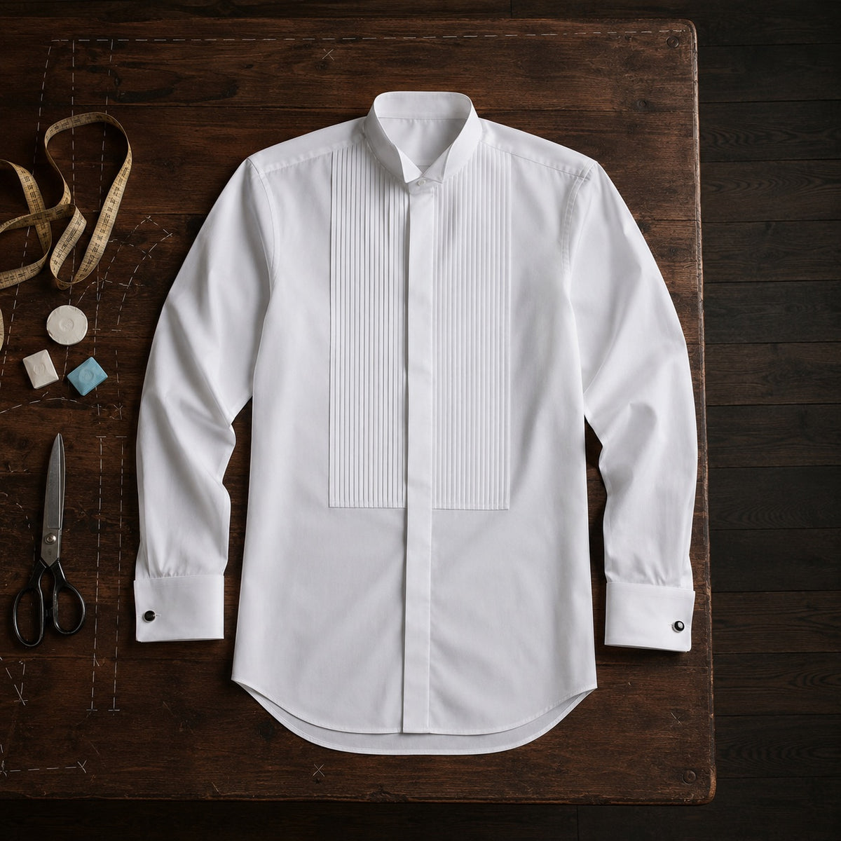Guilford pleated-bib evening shirt — Tailored Shirts by CROWN TAILORING. flat lay, front.