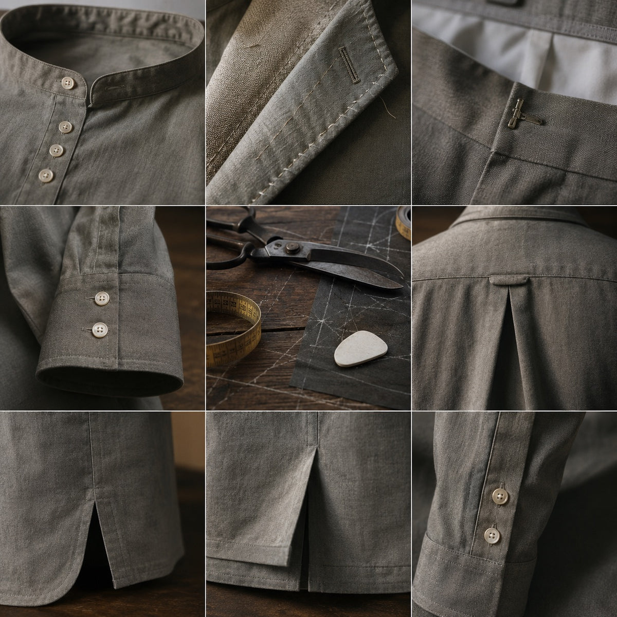 Chiltern grandad-collar tailored shirt — Tailored Shirts by CROWN TAILORING. close detail of the fabric and finish.