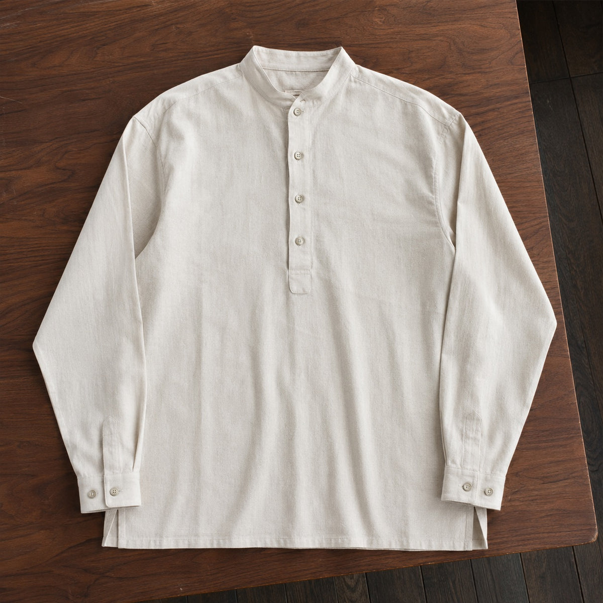 Chiltern grandad-collar tailored shirt — Tailored Shirts by CROWN TAILORING. flat lay, front.