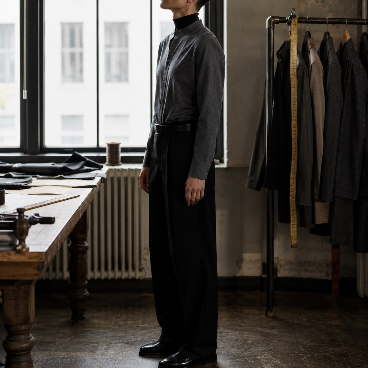 Chiltern grandad-collar tailored shirt — Tailored Shirts by CROWN TAILORING. shown on the model from the side.