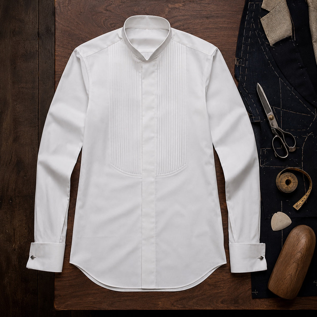 Severn pleated-bib evening shirt — Tailored Shirts by CROWN TAILORING. flat lay, front.