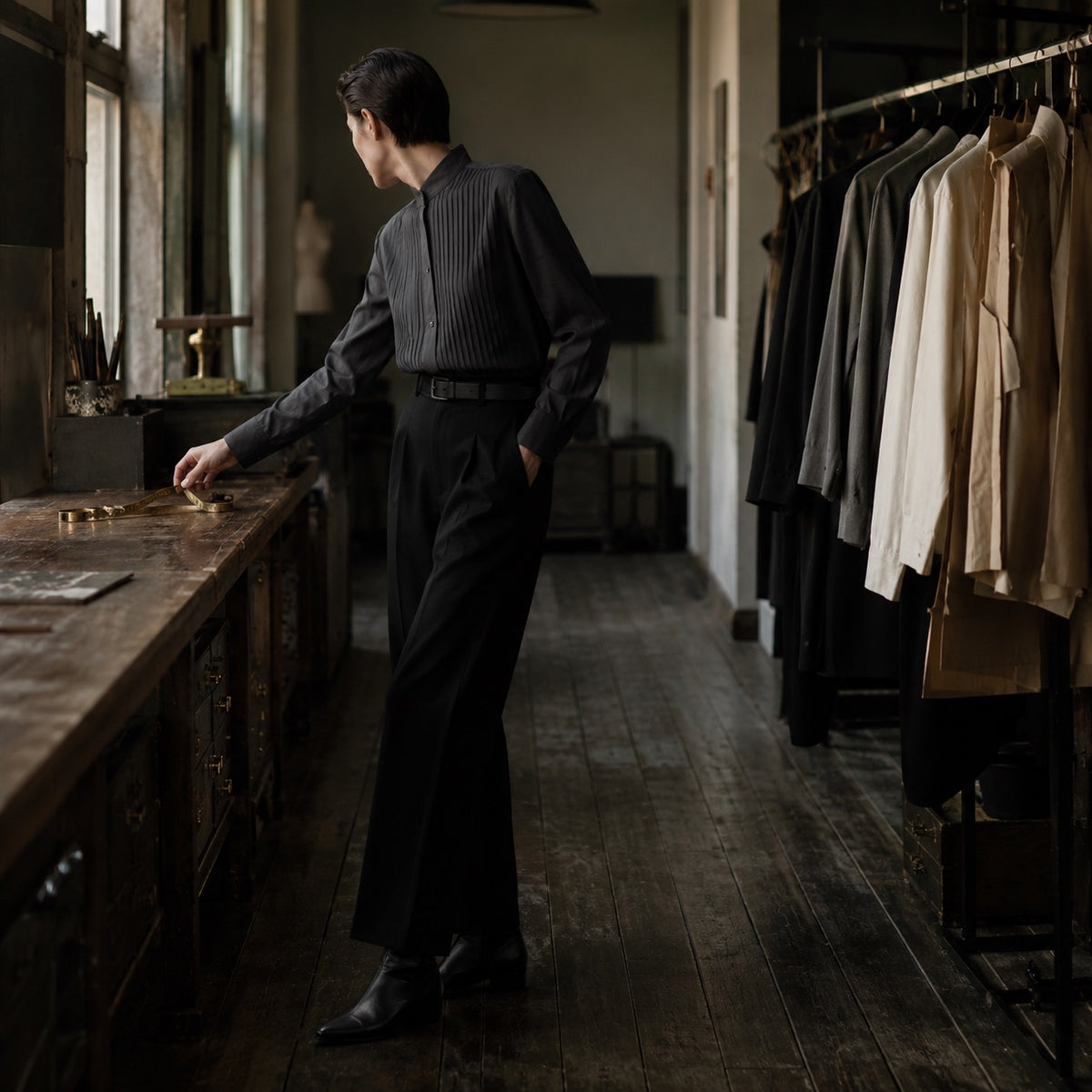 Severn pleated-bib evening shirt — Tailored Shirts by CROWN TAILORING. shown on the model from the side.