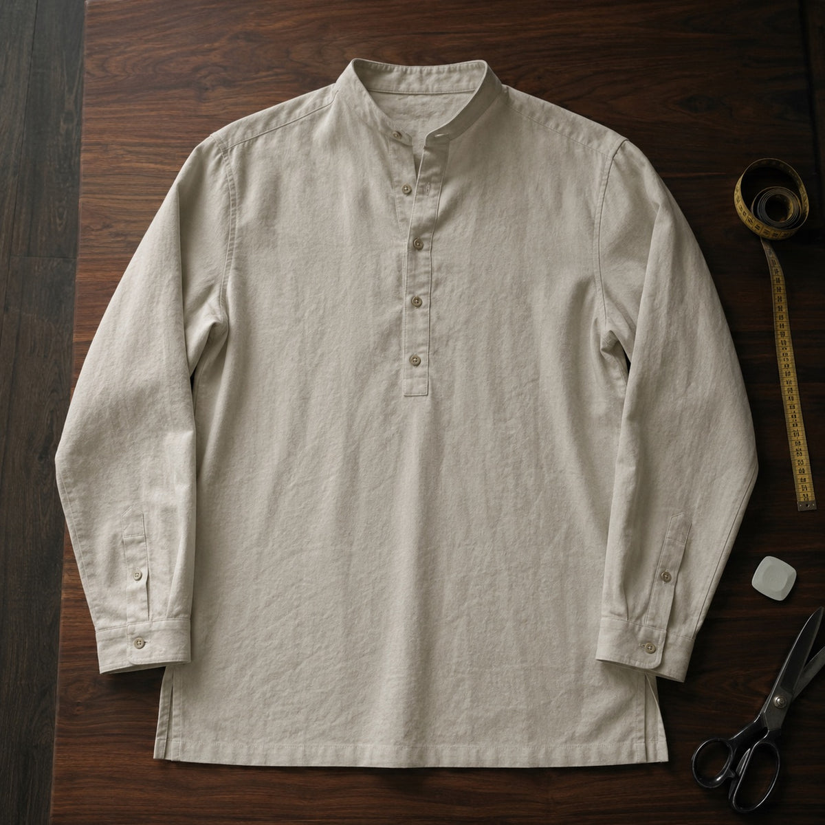 Pimlico grandad-collar tailored shirt — Tailored Shirts by CROWN TAILORING. flat lay, front.