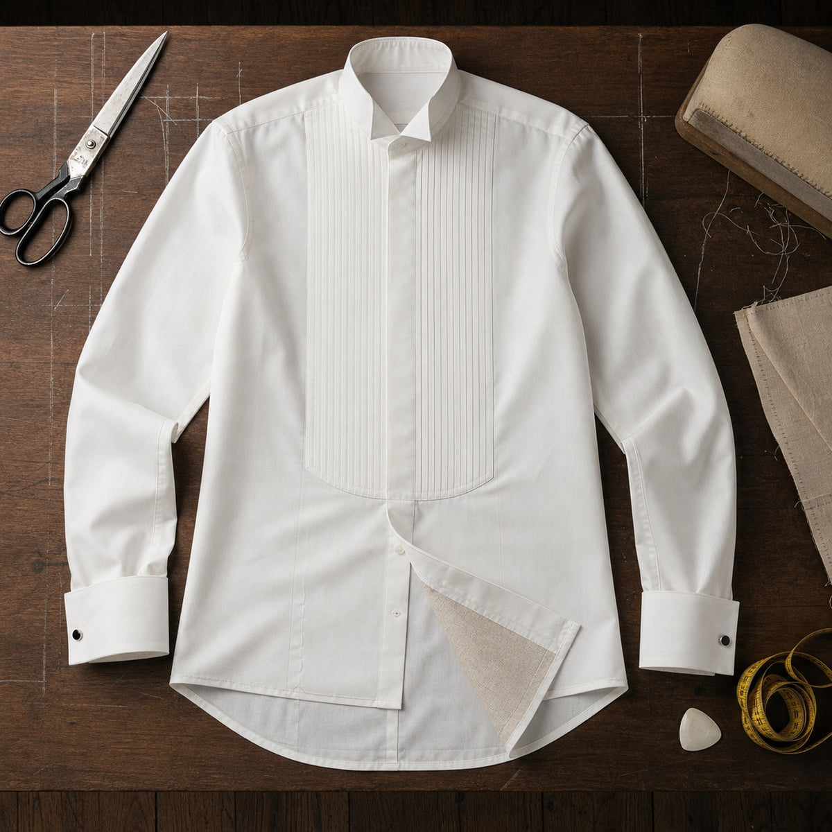 Cavendish pleated-bib evening shirt — Tailored Shirts by CROWN TAILORING. flat lay, front.