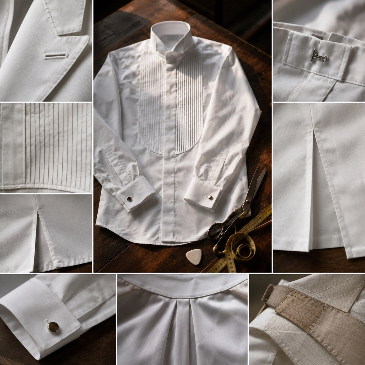 Bracken pleated-bib evening shirt — Tailored Shirts by CROWN TAILORING. close detail of the fabric and finish.
