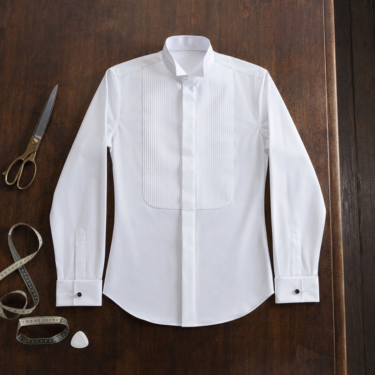 Bracken pleated-bib evening shirt — Tailored Shirts by CROWN TAILORING. flat lay, front.