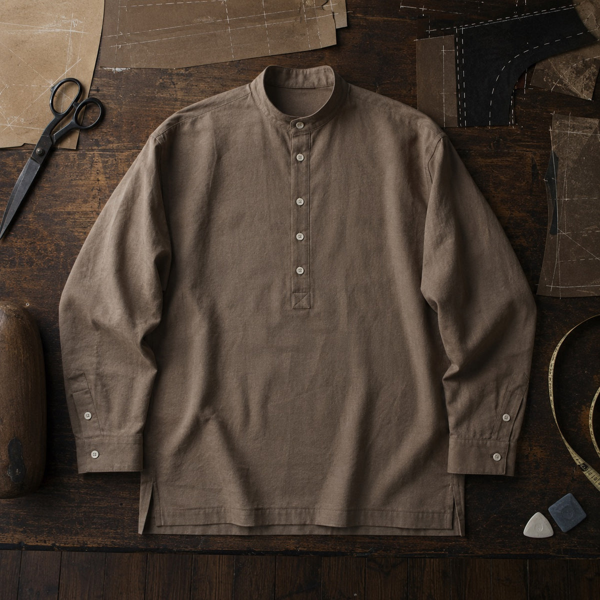 Fitzrovia grandad-collar tailored shirt — Tailored Shirts by CROWN TAILORING. flat lay, front.
