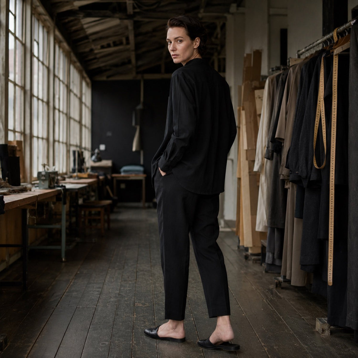 Fitzrovia grandad-collar tailored shirt — Tailored Shirts by CROWN TAILORING. shown on the model from the side.