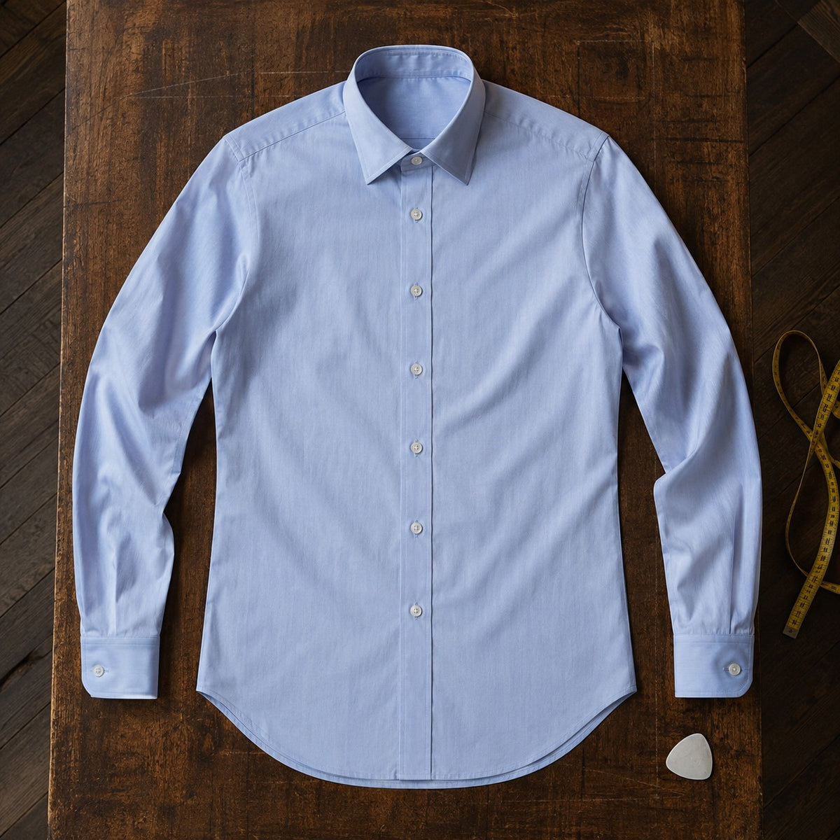 Marylebone classic-collar tailored shirt — Tailored Shirts by CROWN TAILORING. flat lay, front.
