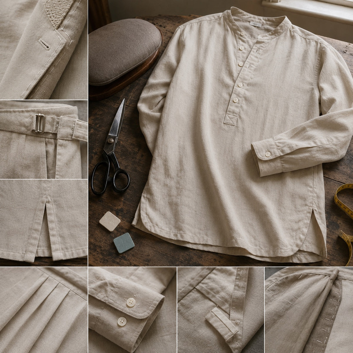 Clerkenwell grandad-collar tailored shirt — Tailored Shirts by CROWN TAILORING. close detail of the fabric and finish.