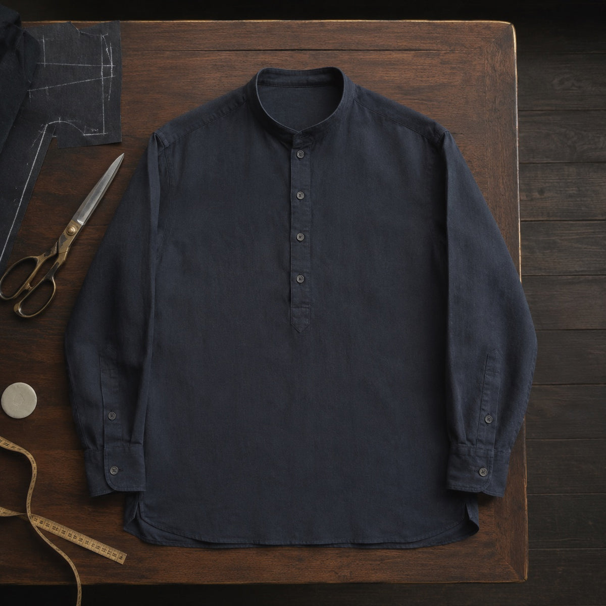 Clerkenwell grandad-collar tailored shirt — Tailored Shirts by CROWN TAILORING. flat lay, front.