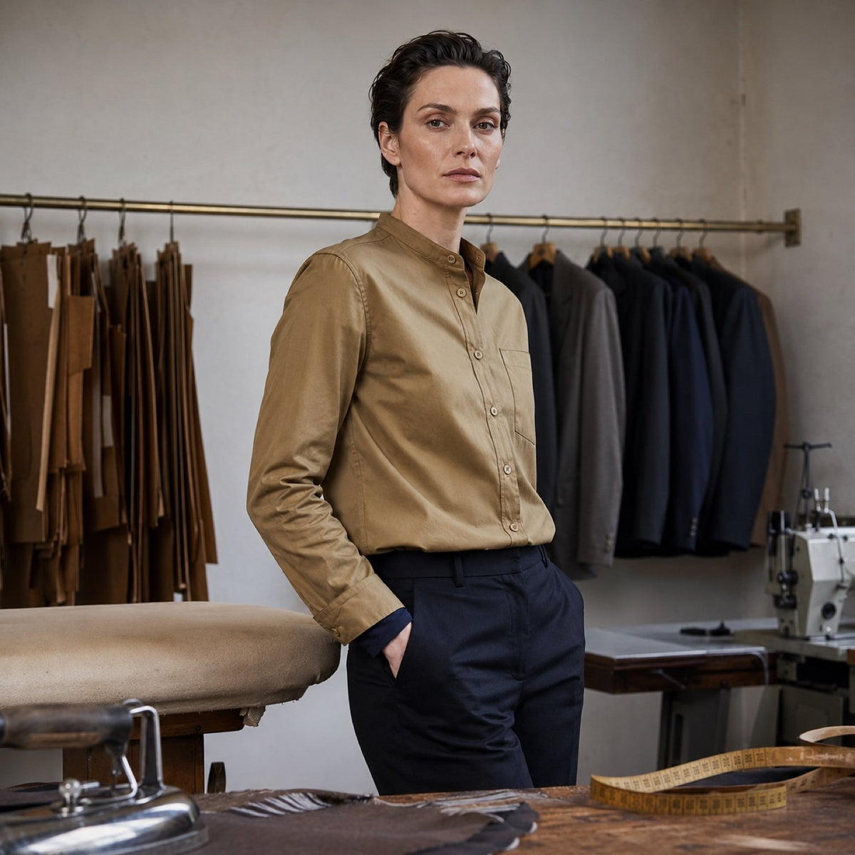 Clerkenwell grandad-collar tailored shirt — Tailored Shirts by CROWN TAILORING. shown worn.