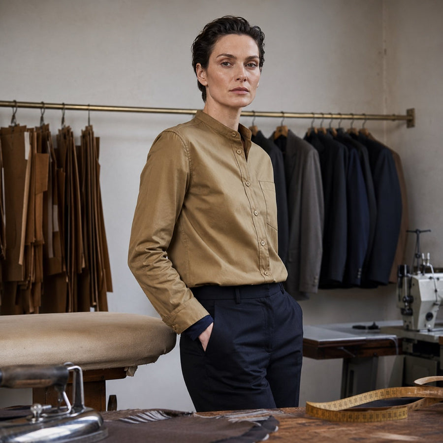 Clerkenwell grandad-collar tailored shirt — Tailored Shirts by CROWN TAILORING. shown worn.
