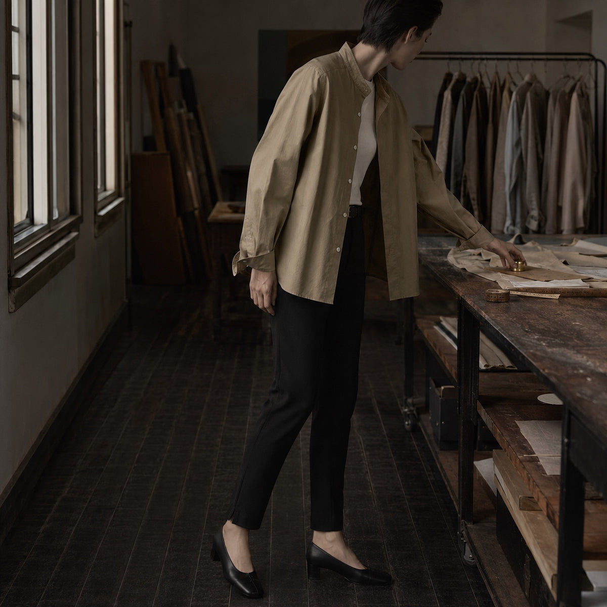 Clerkenwell grandad-collar tailored shirt — Tailored Shirts by CROWN TAILORING. shown on the model from the side.