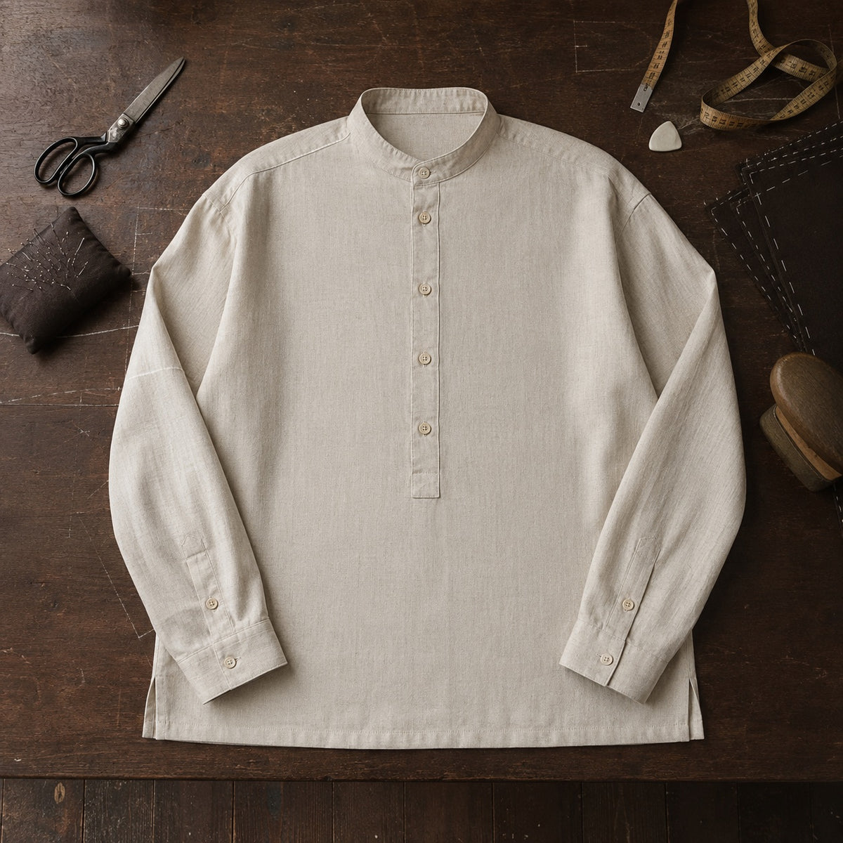 Bloomsbury grandad-collar tailored shirt — Tailored Shirts by CROWN TAILORING. flat lay, front.