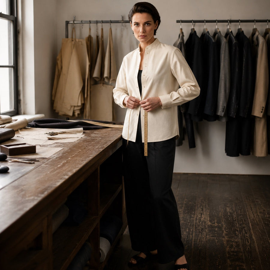 Bloomsbury grandad-collar tailored shirt — Tailored Shirts by CROWN TAILORING. shown worn.