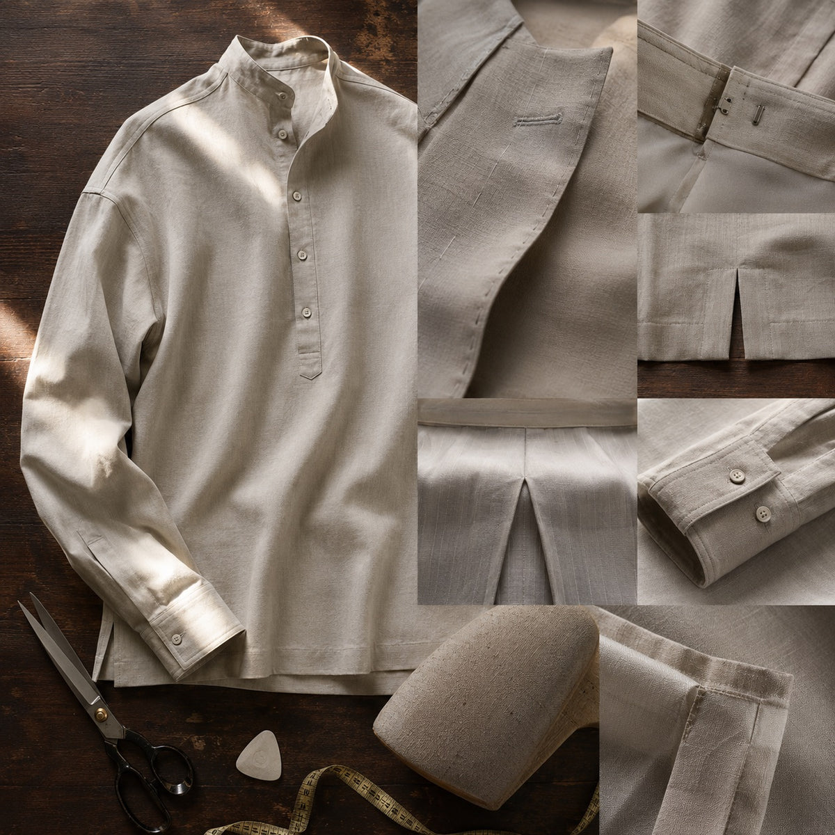 Marylebone grandad-collar tailored shirt — Tailored Shirts by CROWN TAILORING. close detail of the fabric and finish.