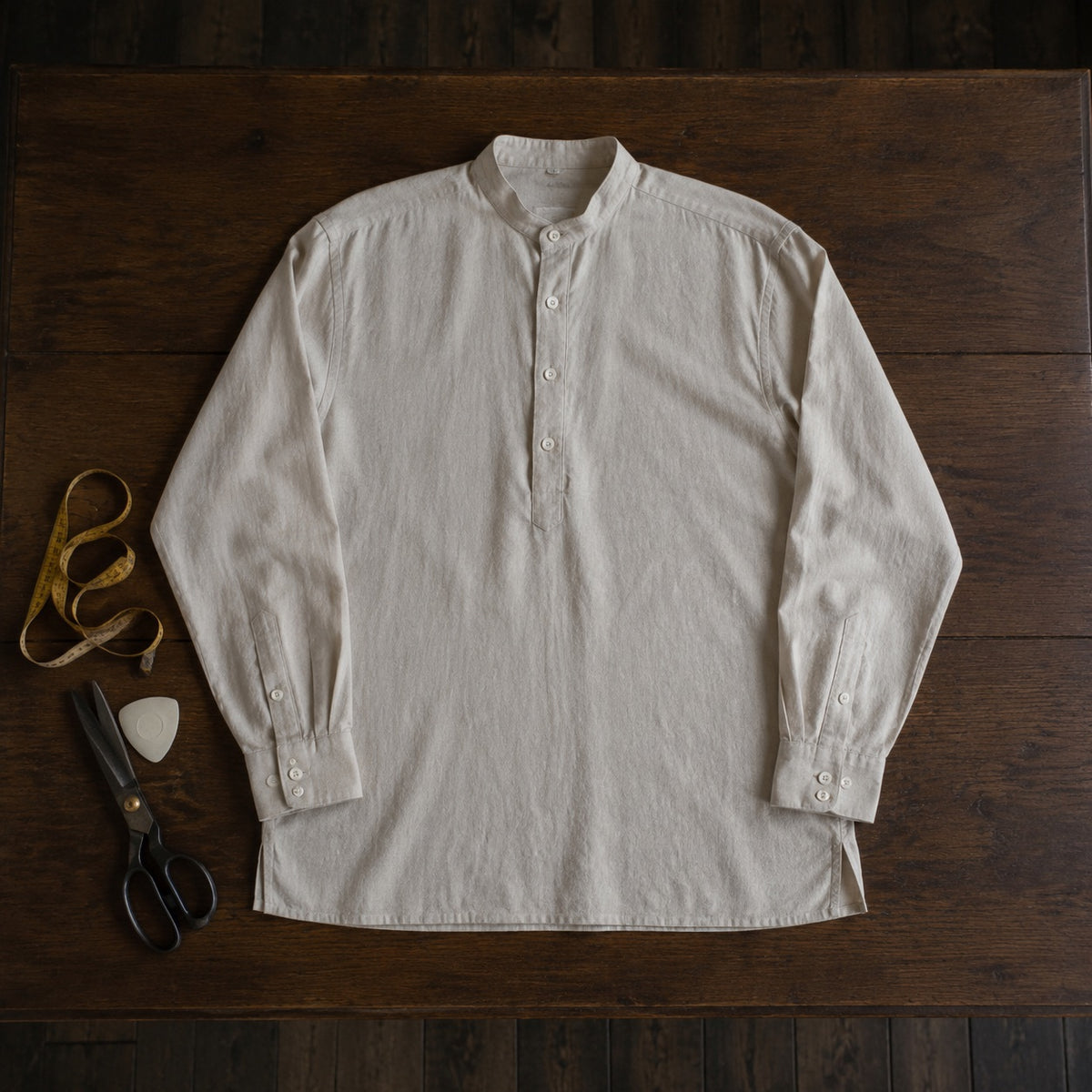 Marylebone grandad-collar tailored shirt — Tailored Shirts by CROWN TAILORING. flat lay, front.
