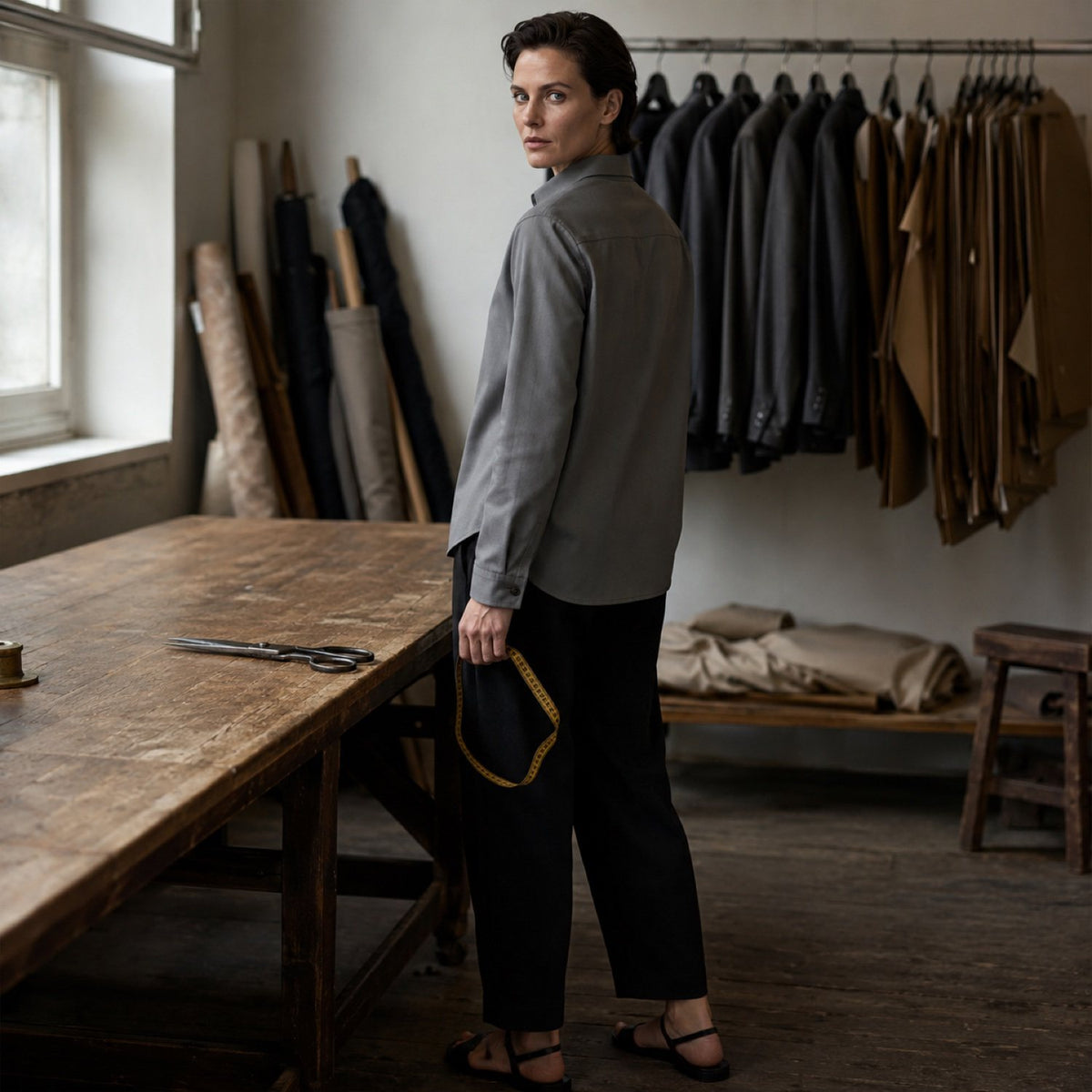Marylebone grandad-collar tailored shirt — Tailored Shirts by CROWN TAILORING. shown on the model from the side.