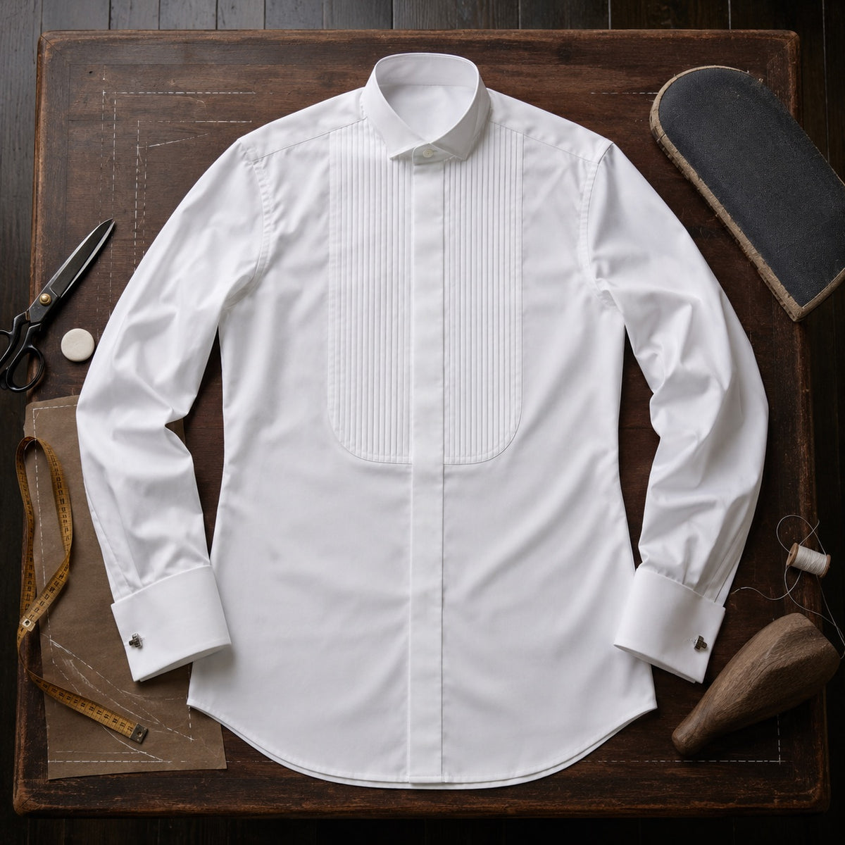 Bloomsbury pleated-bib evening shirt — Tailored Shirts by CROWN TAILORING. flat lay, front.