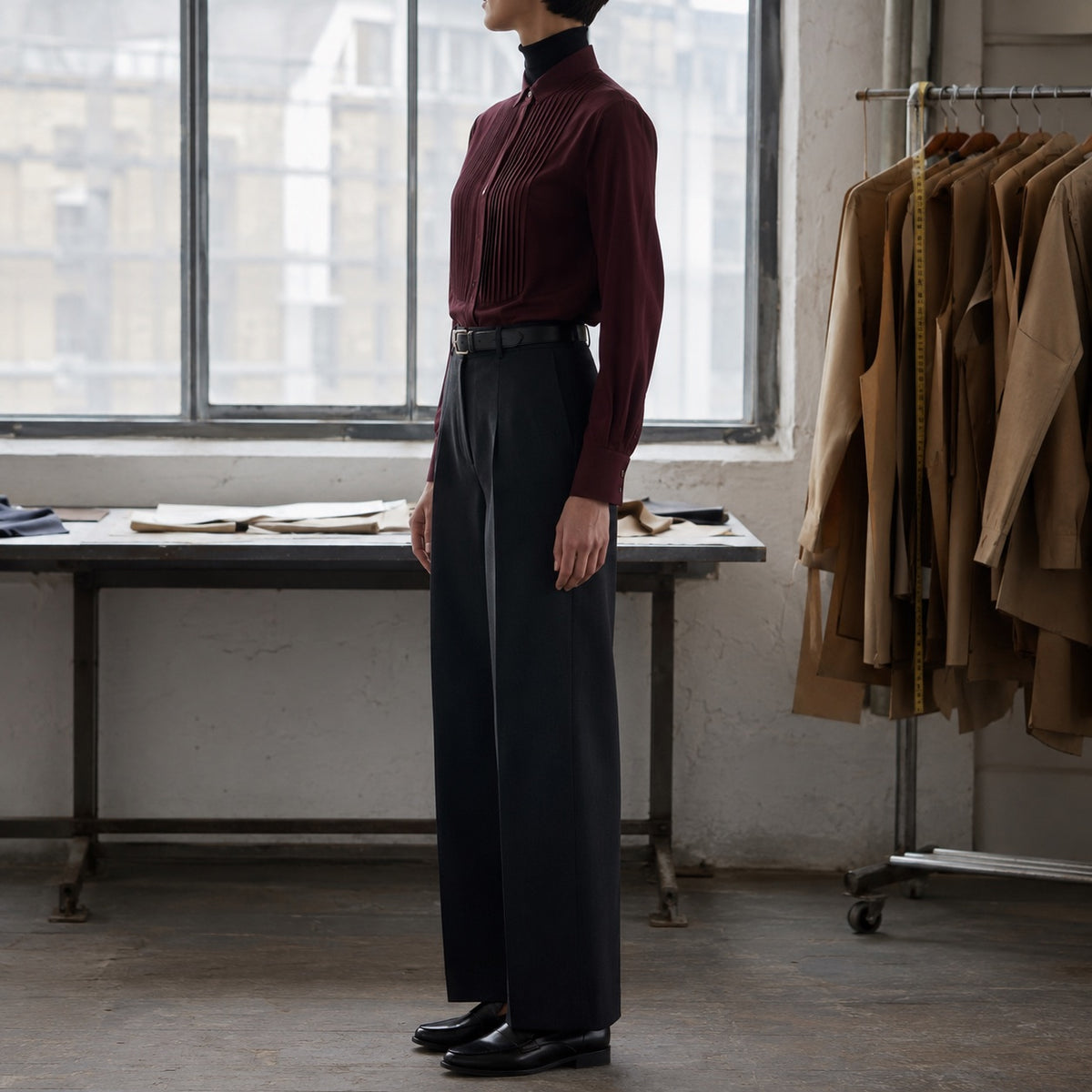 Bloomsbury pleated-bib evening shirt — Tailored Shirts by CROWN TAILORING. shown on the model from the side.