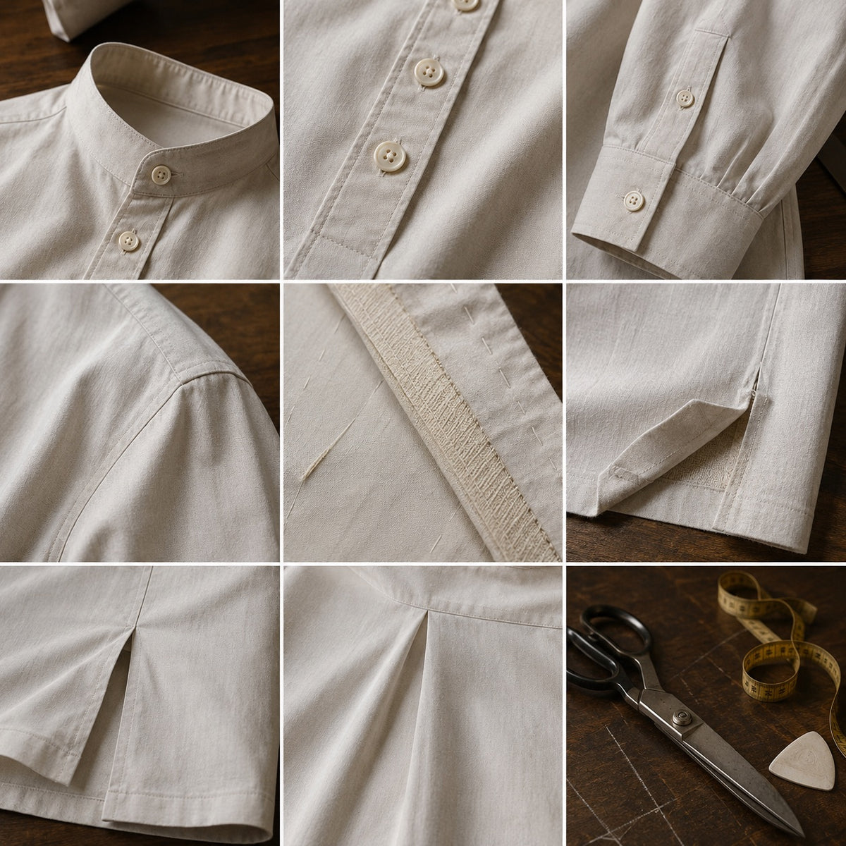Sloe grandad-collar tailored shirt — Tailored Shirts by CROWN TAILORING. close detail of the fabric and finish.