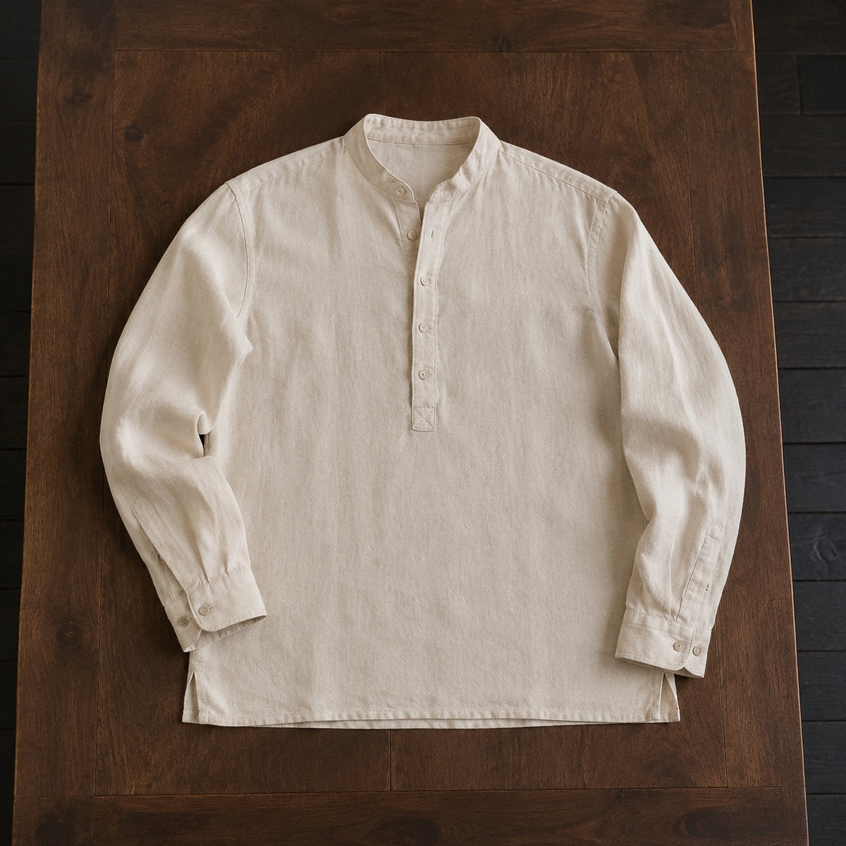 Sloe grandad-collar tailored shirt — Tailored Shirts by CROWN TAILORING. flat lay, front.