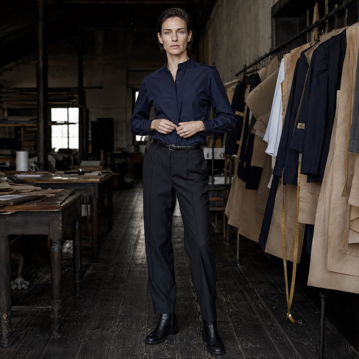 Sloe grandad-collar tailored shirt — Tailored Shirts by CROWN TAILORING. shown worn.