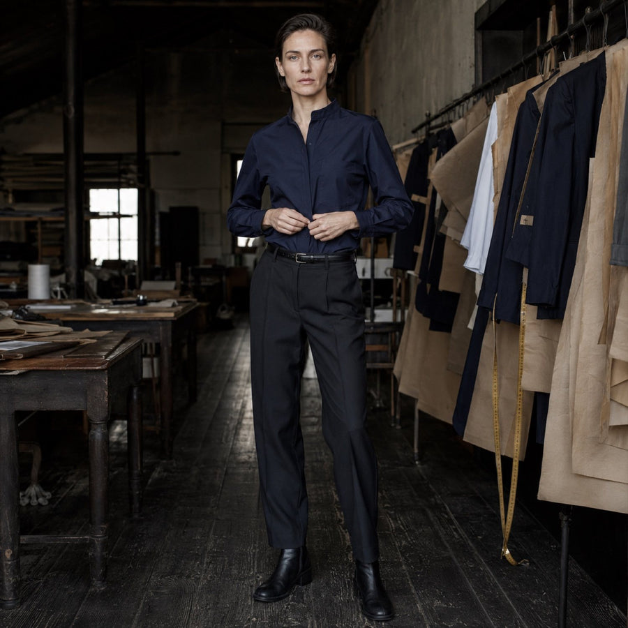 Sloe grandad-collar tailored shirt — Tailored Shirts by CROWN TAILORING. shown worn.