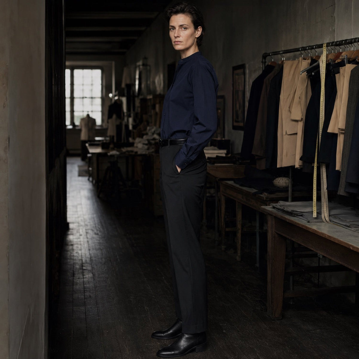 Sloe grandad-collar tailored shirt — Tailored Shirts by CROWN TAILORING. shown on the model from the side.