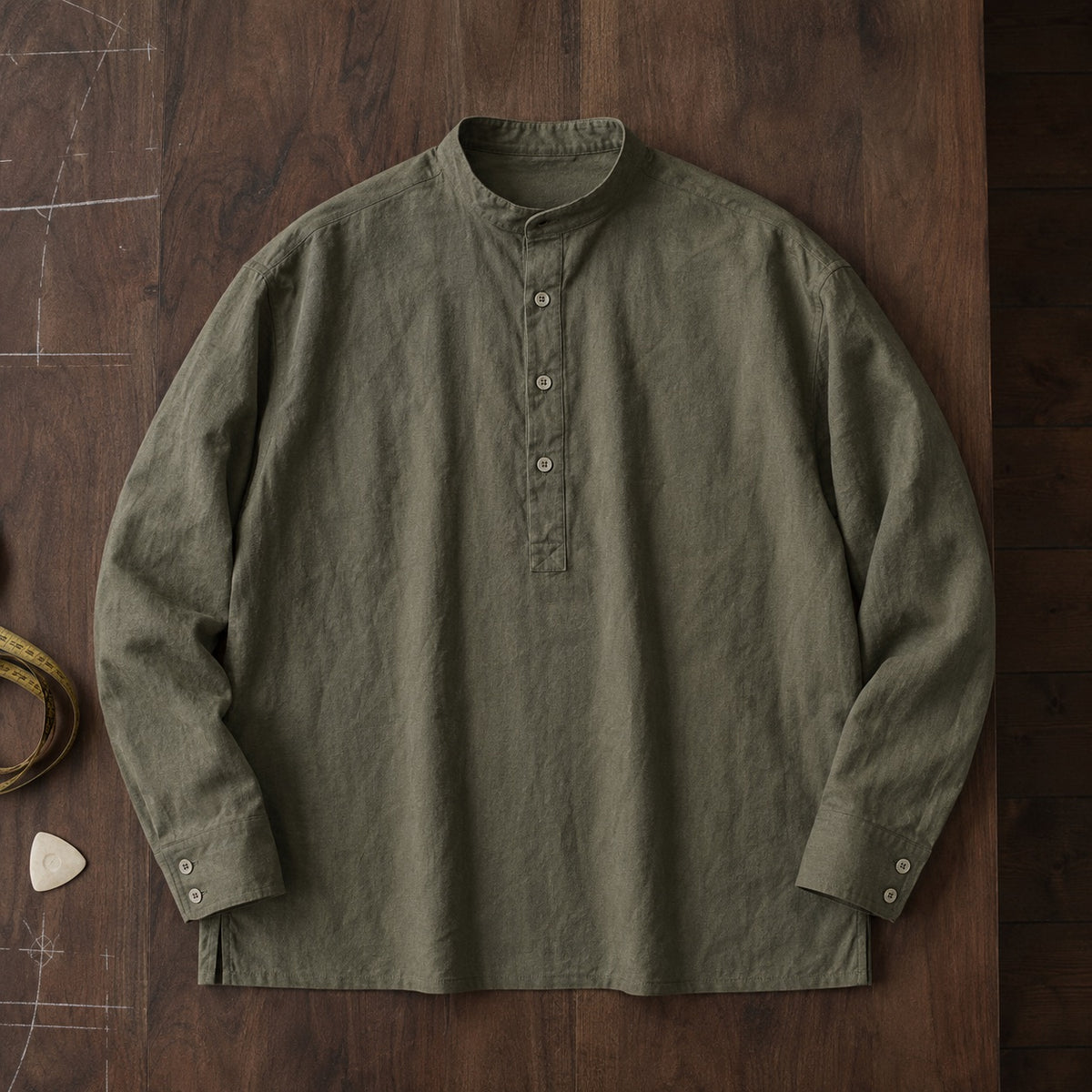 Severn grandad-collar tailored shirt — Tailored Shirts by CROWN TAILORING. flat lay, front.