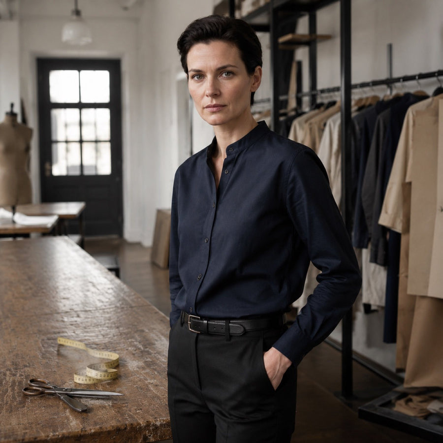 Severn grandad-collar tailored shirt — Tailored Shirts by CROWN TAILORING. shown worn.