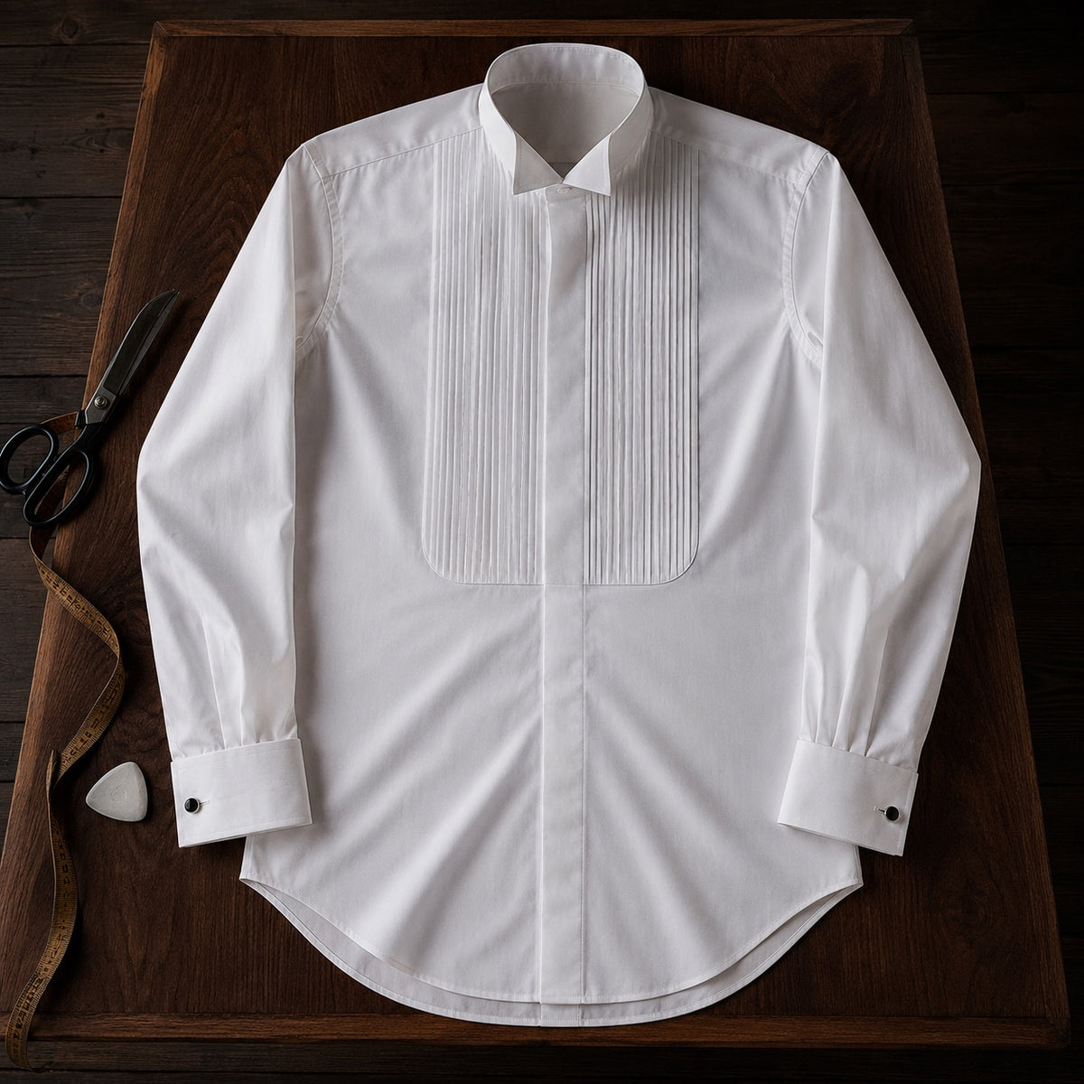 Pimlico pleated-bib evening shirt — Tailored Shirts by CROWN TAILORING. flat lay, front.