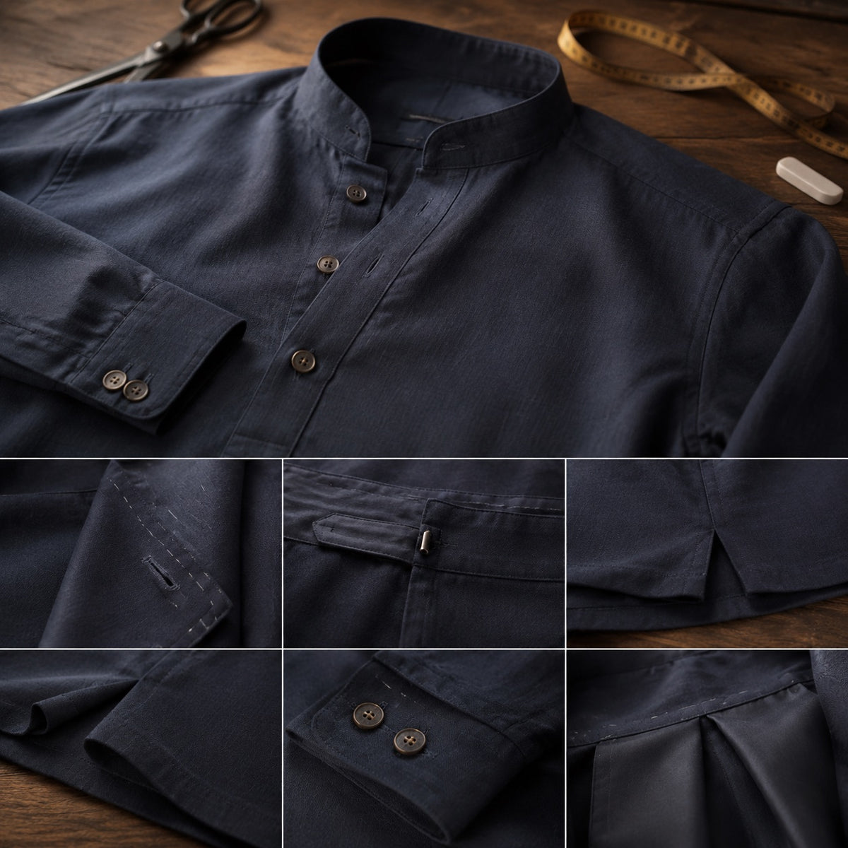 Ashdown grandad-collar tailored shirt — Tailored Shirts by CROWN TAILORING. close detail of the fabric and finish.