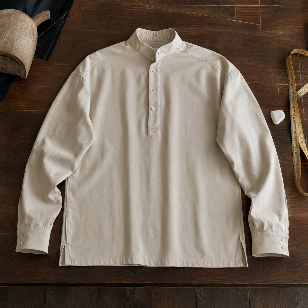 Ashdown grandad-collar tailored shirt — Tailored Shirts by CROWN TAILORING. flat lay, front.