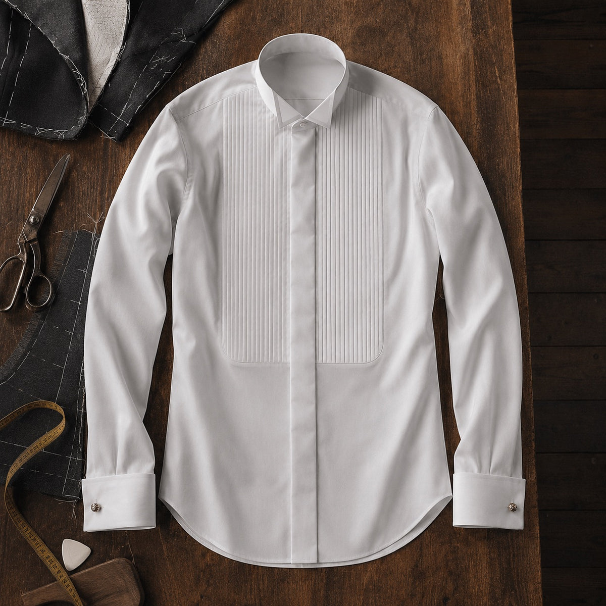 Chiltern pleated-bib evening shirt — Tailored Shirts by CROWN TAILORING. flat lay, front.