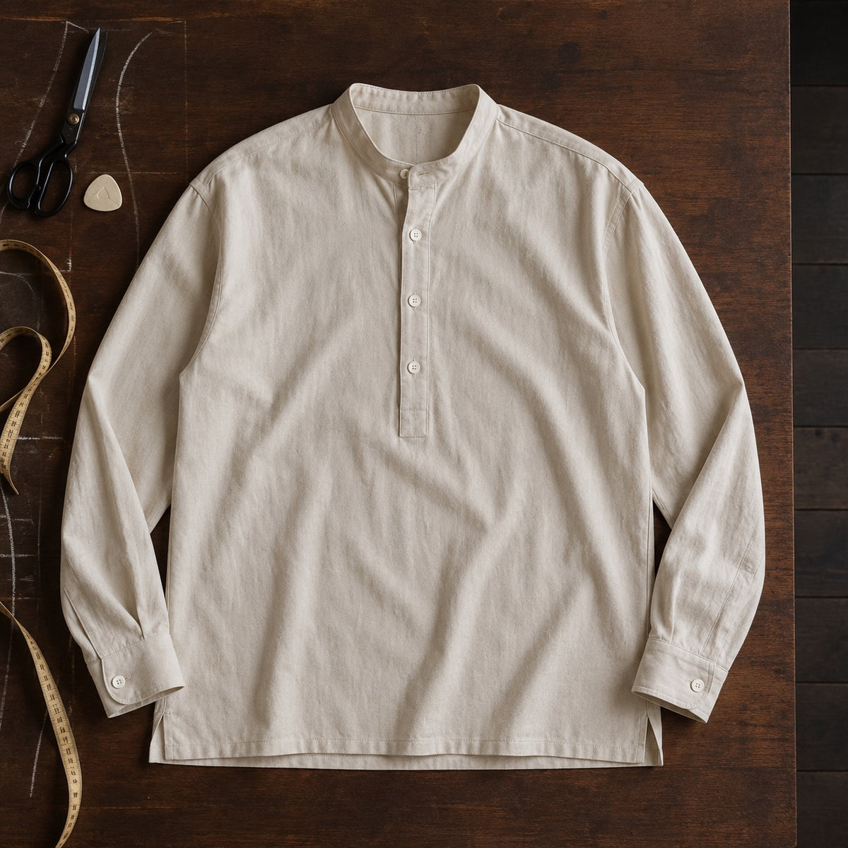 Yarrow grandad-collar tailored shirt — Tailored Shirts by CROWN TAILORING. flat lay, front.
